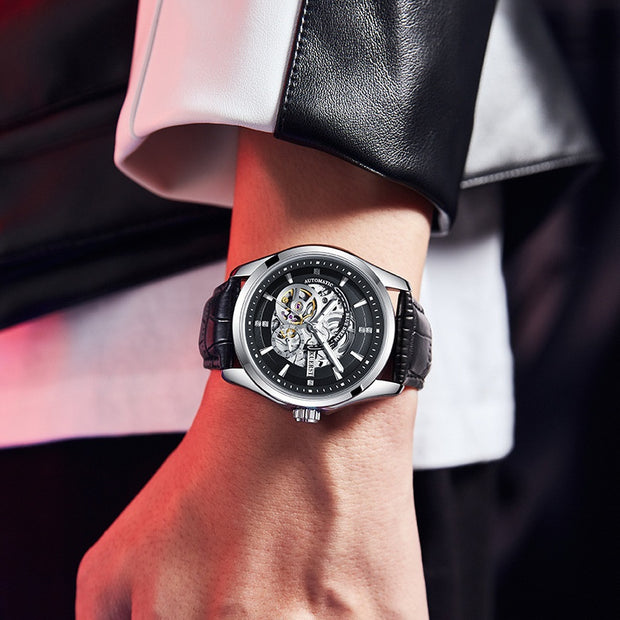 Barrel-shaped Leather Belt Men Waterproof Mechanical Watch