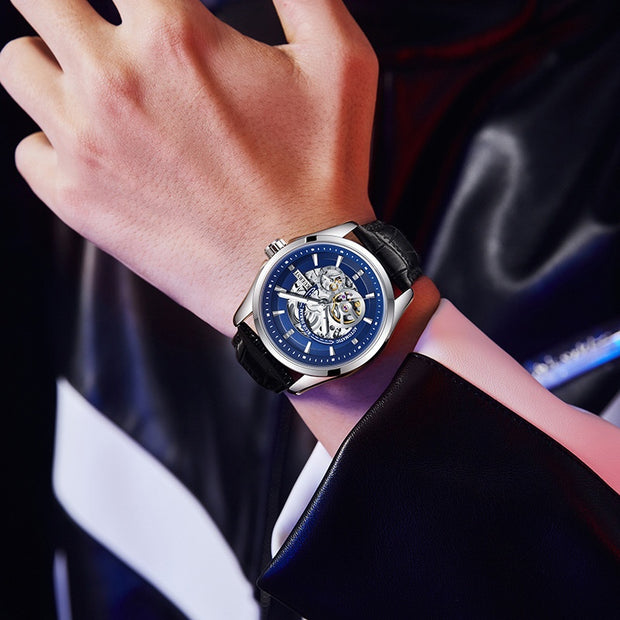 Barrel-shaped Leather Belt Men Waterproof Mechanical Watch